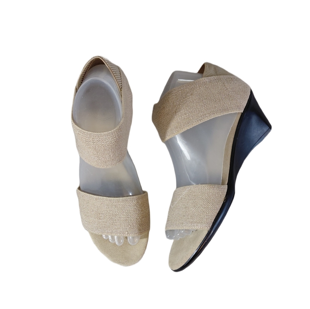 CHARLESTON SHOE CO. Telfair Cocktail Linen Elastic Strap Wedge Sandals Size 8